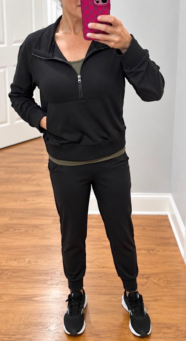 Everyday Ease black joggers and quarter zip jacket