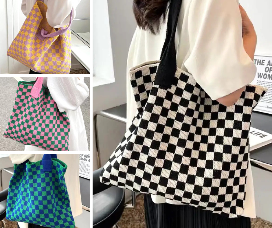 Checkered Crochet Knitted Canvas Commuter Bag