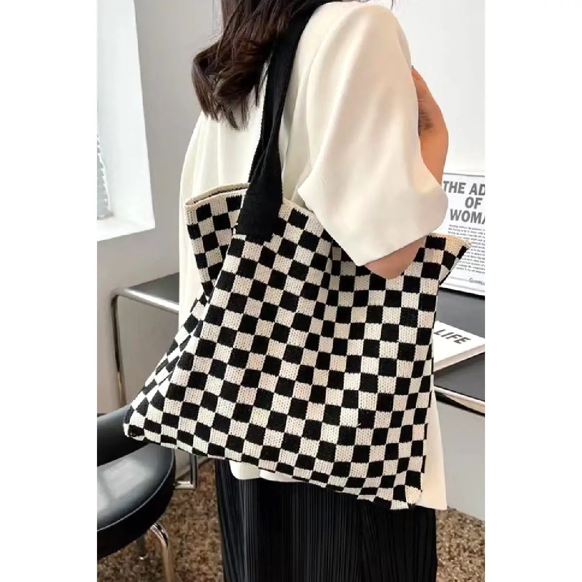 Checkered Crochet Knitted Canvas Commuter Bag