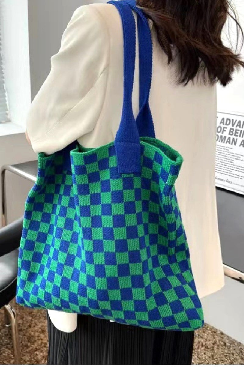Checkered Crochet Knitted Canvas Commuter Bag