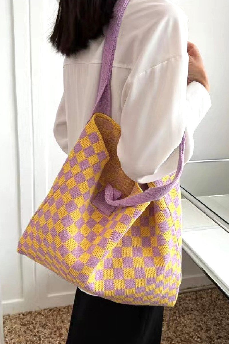 Checkered Crochet Knitted Canvas Commuter Bag