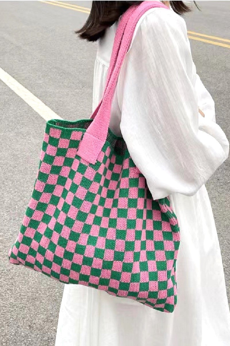Checkered Crochet Knitted Canvas Commuter Bag