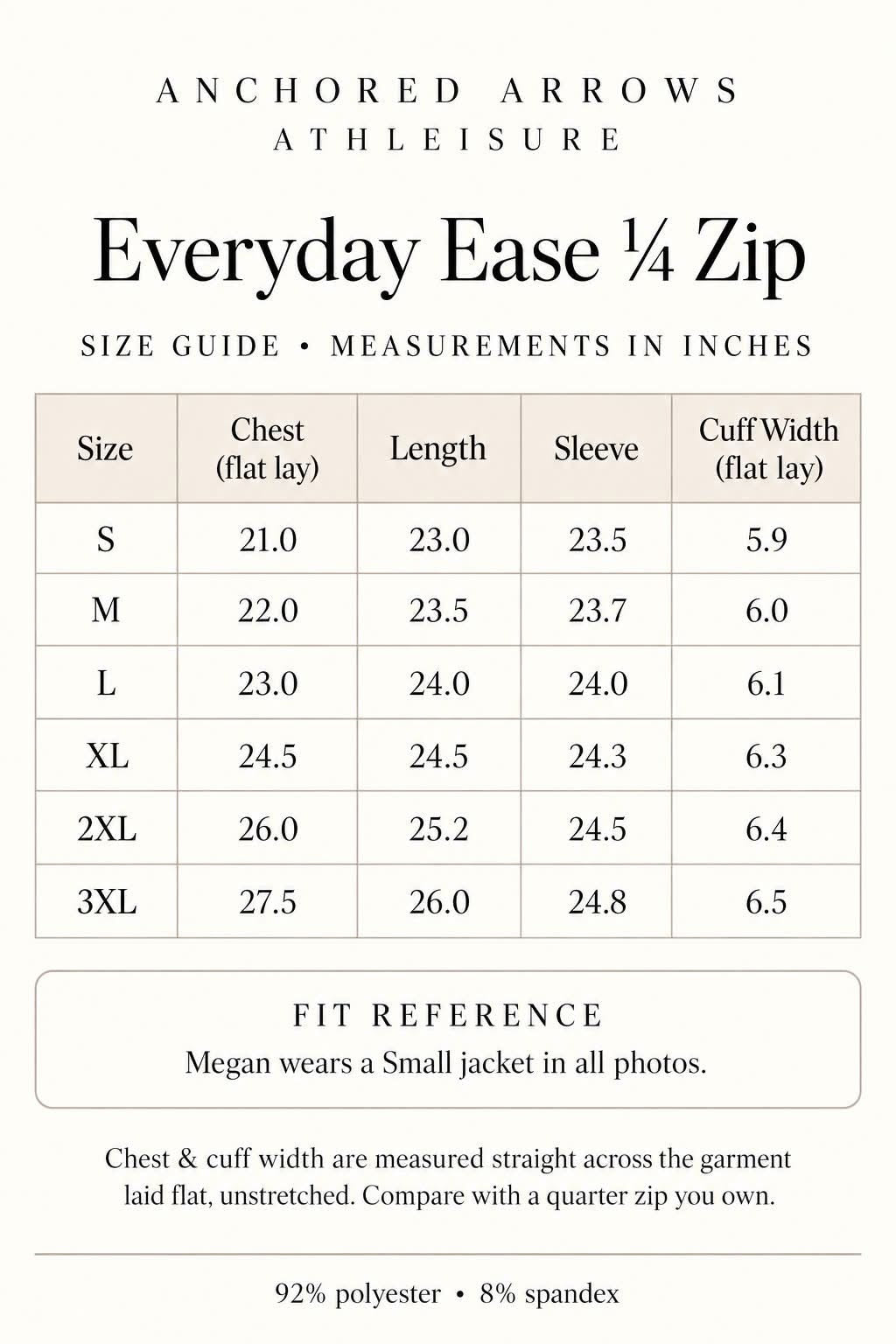 Everyday Ease quarter zip jacket size chart