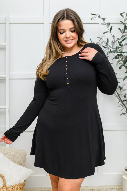 Long Sleeve Button Down Dress In Black