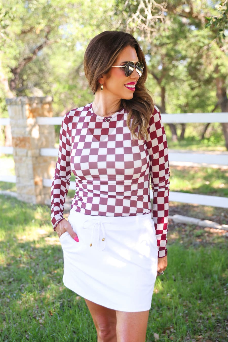 Alyssa Mesh Top — Maroon Checkered