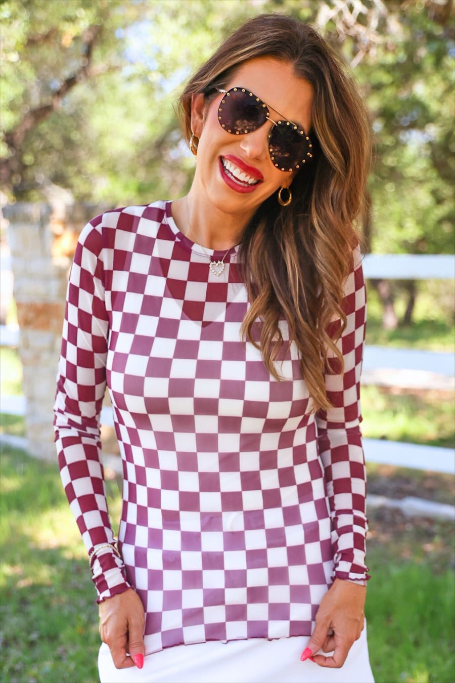 Alyssa Mesh Top — Maroon Checkered