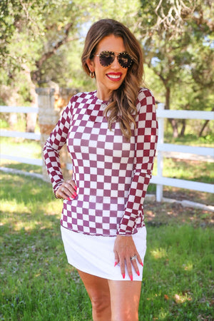 Alyssa Mesh Top — Maroon Checkered
