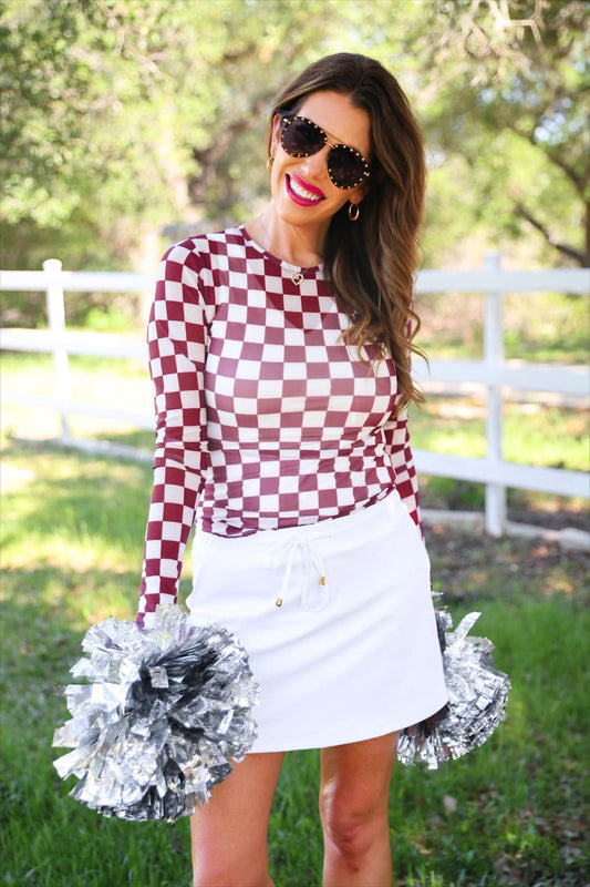 Alyssa Mesh Top — Maroon Checkered