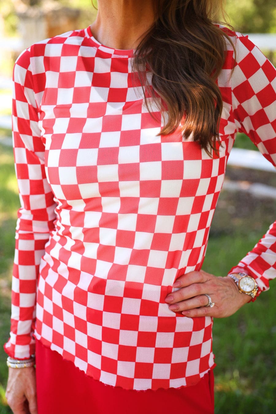 Alyssa Mesh Top — Red Checkered