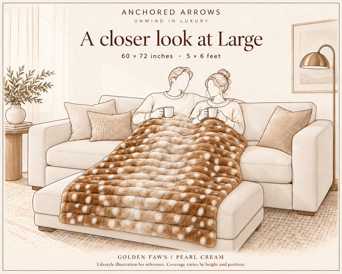 Illustrated large blanket size guide, 60 by 72 inches, on a sofa and ottoman; illustration for reference