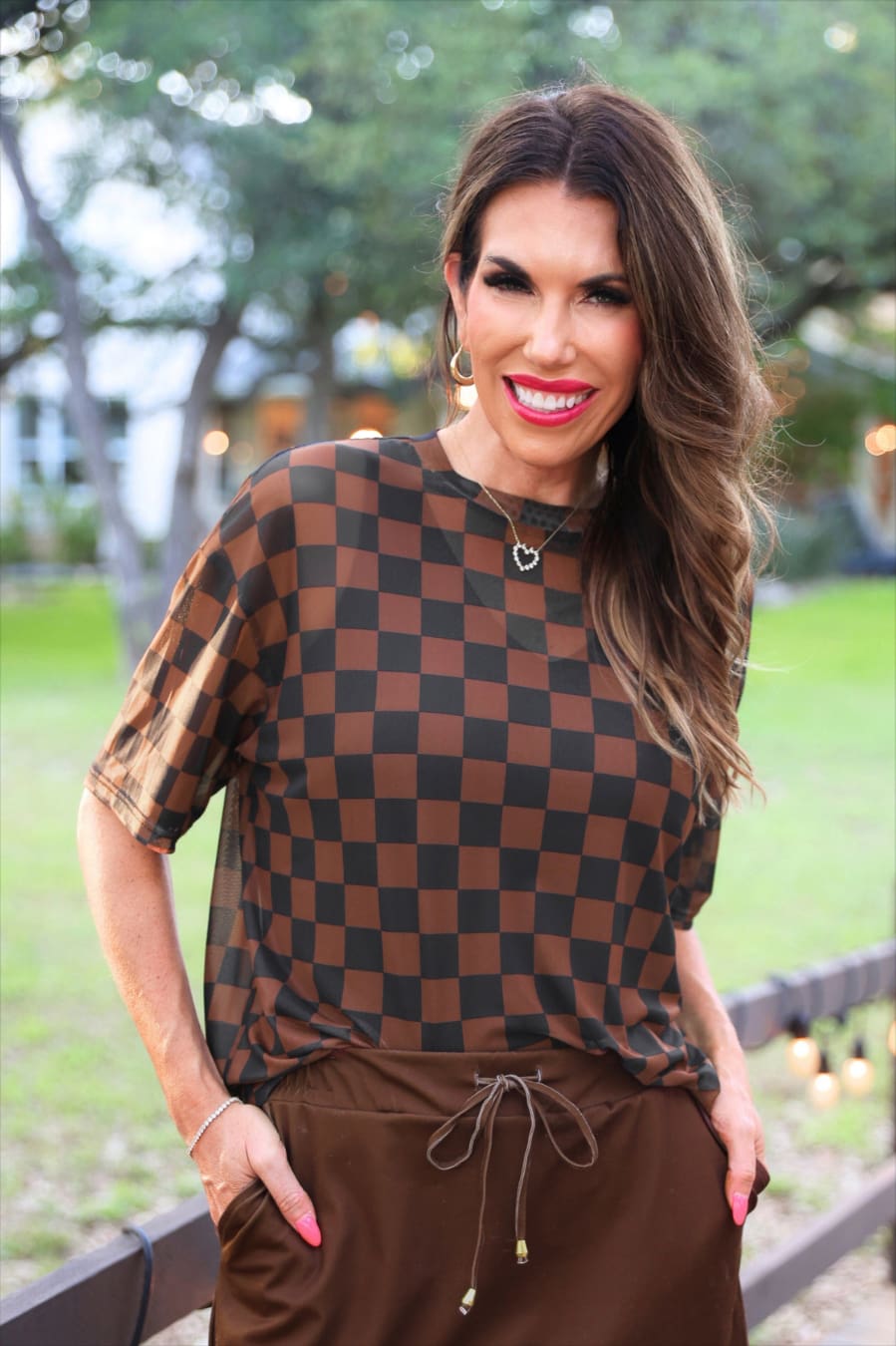 Emma Mesh Tee — Black and Chocolate Checkered