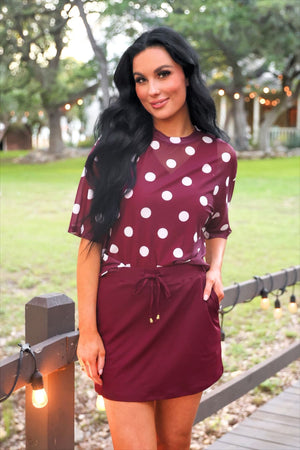 Emma Mesh Tee — Burgundy Polka Dot