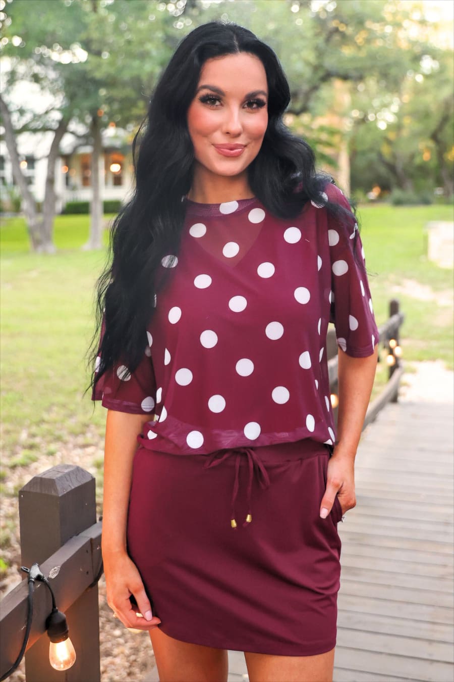 Emma Mesh Tee — Burgundy Polka Dot