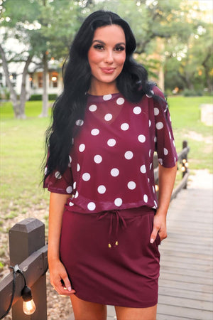 Emma Mesh Tee — Burgundy Polka Dot