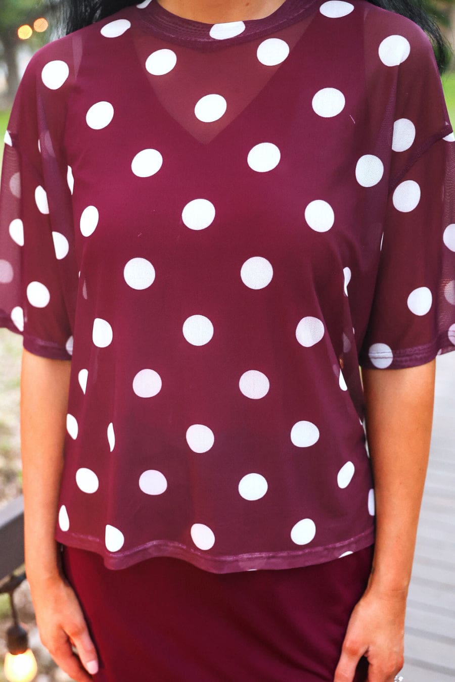 Emma Mesh Tee — Burgundy Polka Dot