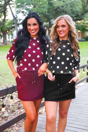 Emma Mesh Tee — Burgundy Polka Dot