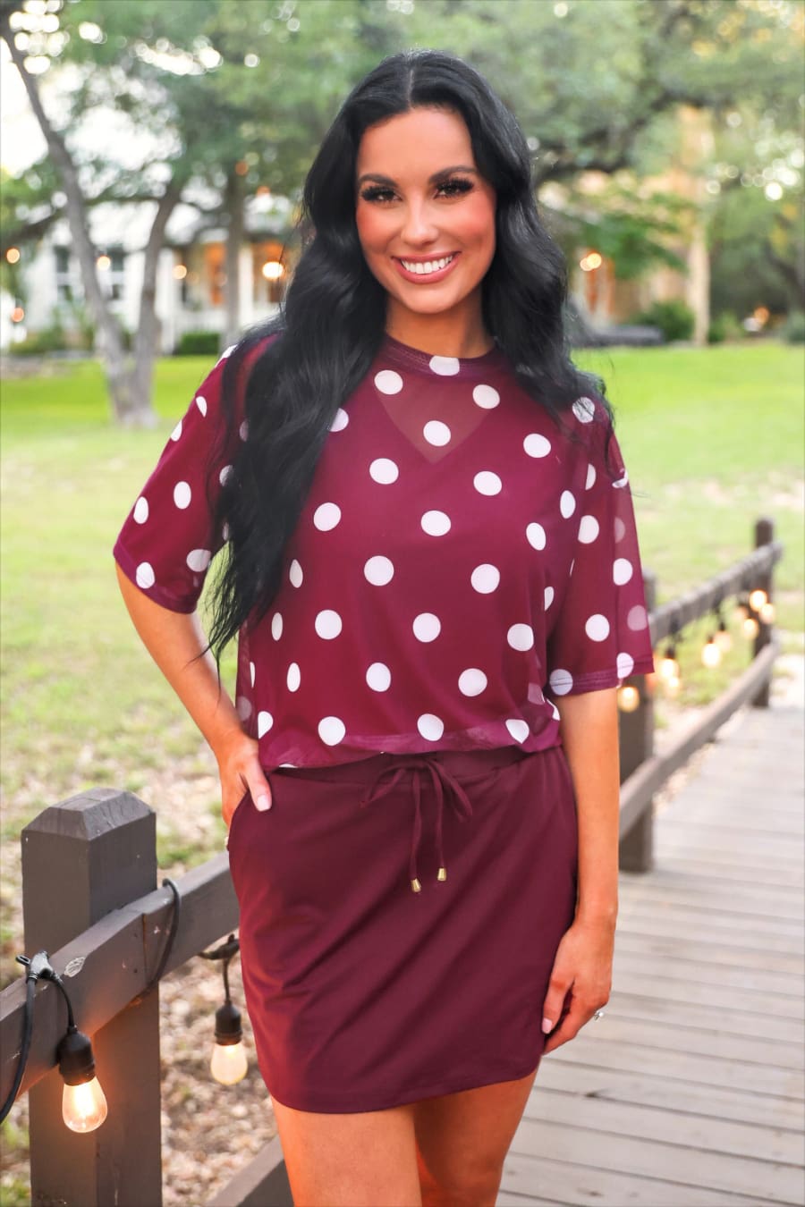 Emma Mesh Tee — Burgundy Polka Dot