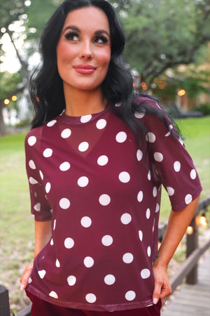 Emma Mesh Tee — Burgundy Polka Dot