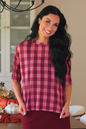 Emma Mesh Tee — Cranberry Gingham