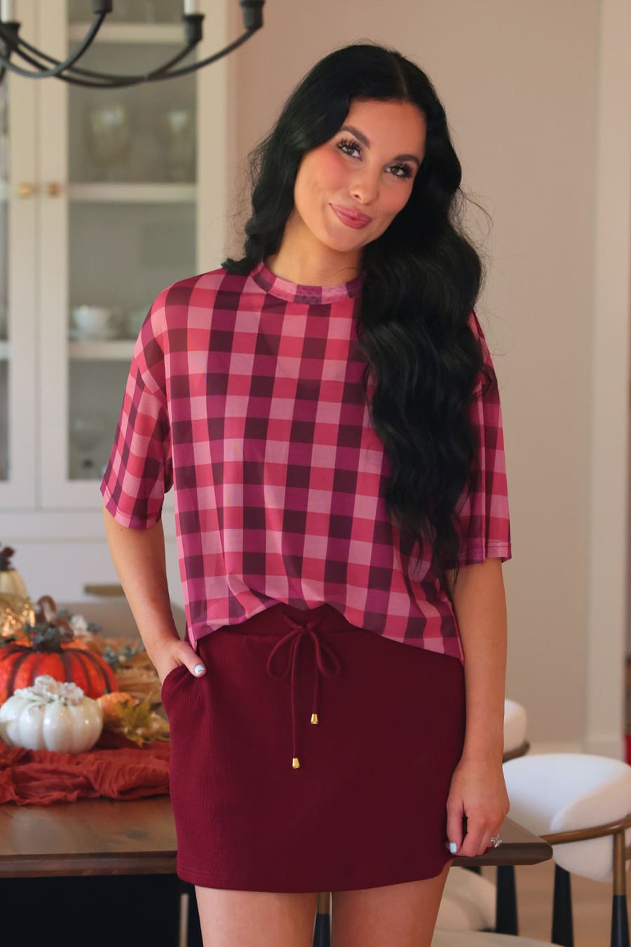 Emma Mesh Tee — Cranberry Gingham