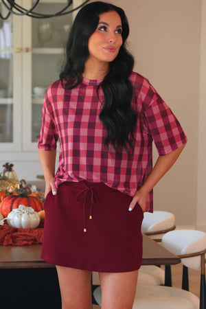 Emma Mesh Tee — Cranberry Gingham