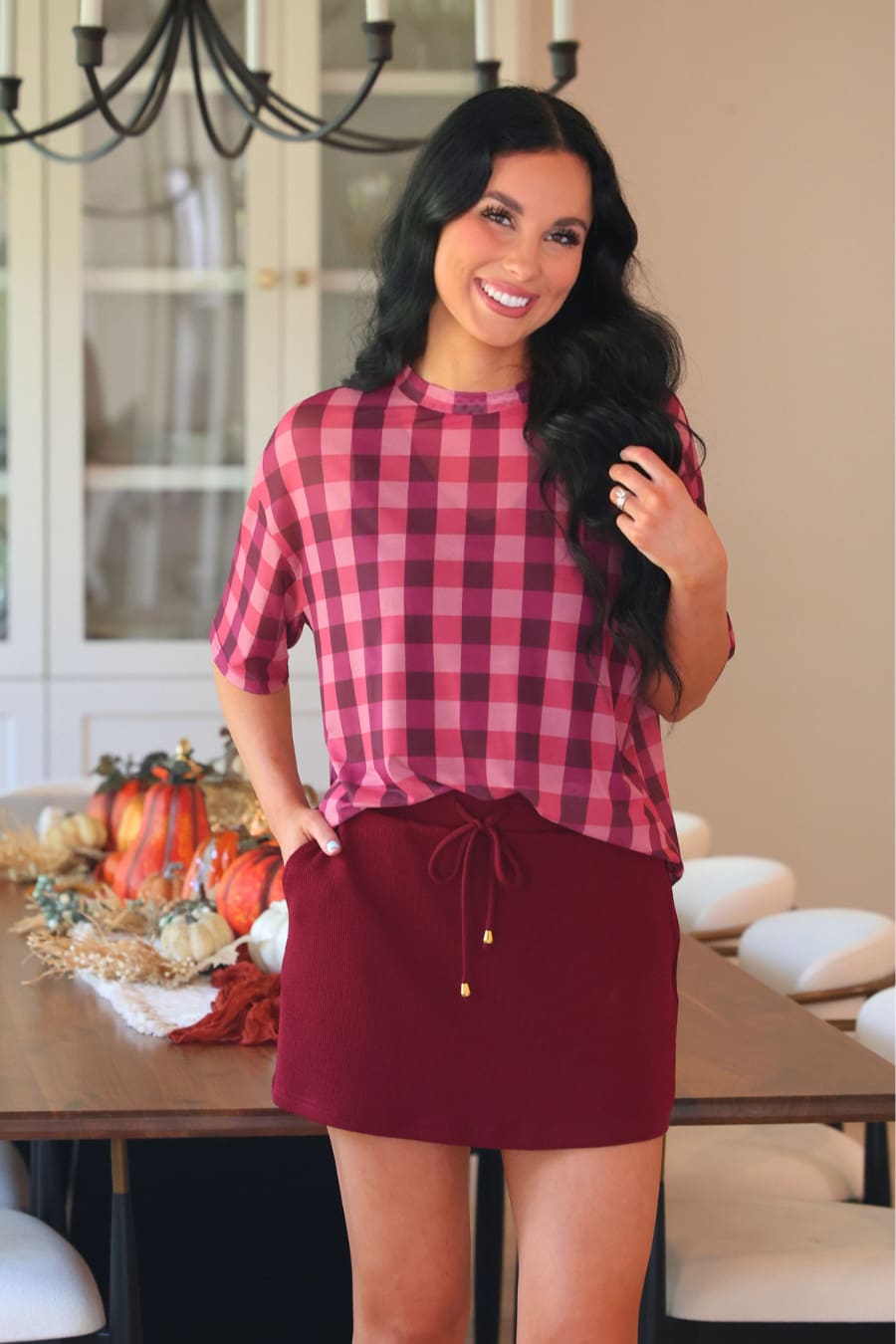 Emma Mesh Tee — Cranberry Gingham
