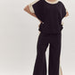 Solid Ribbed Contrast Trim Wide Leg Pants in Black