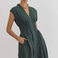 Solid V-Neck Sleeveless Dual Zipper Midi Dress in Hunter