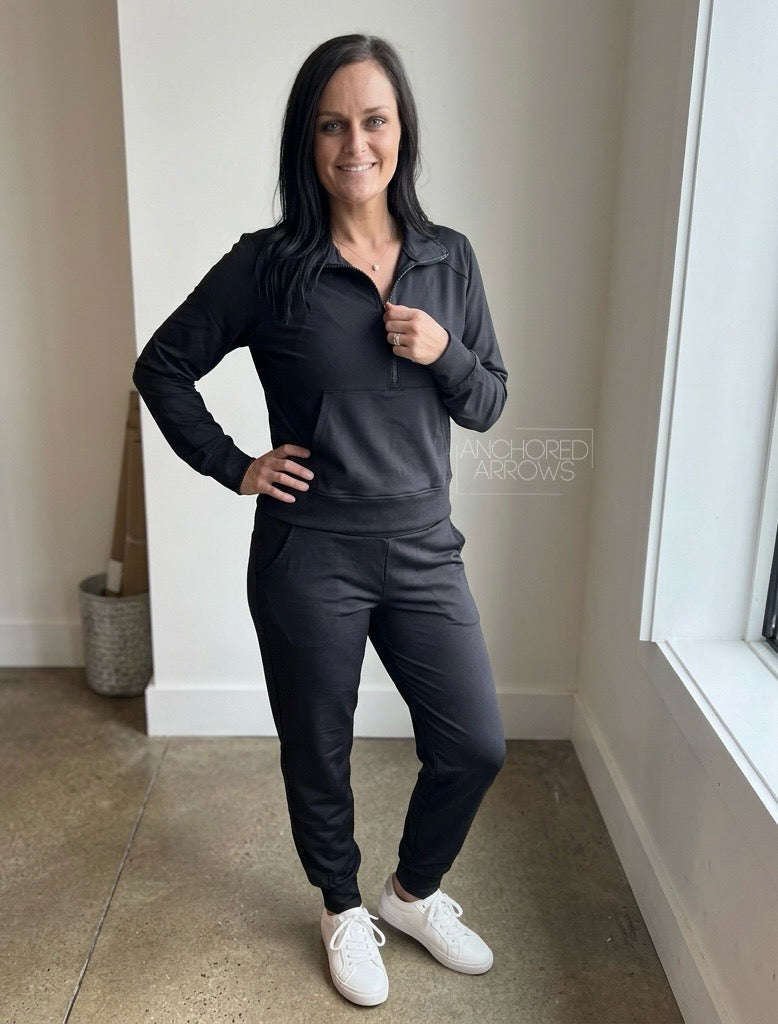 Everyday Ease black joggers and quarter zip jacket