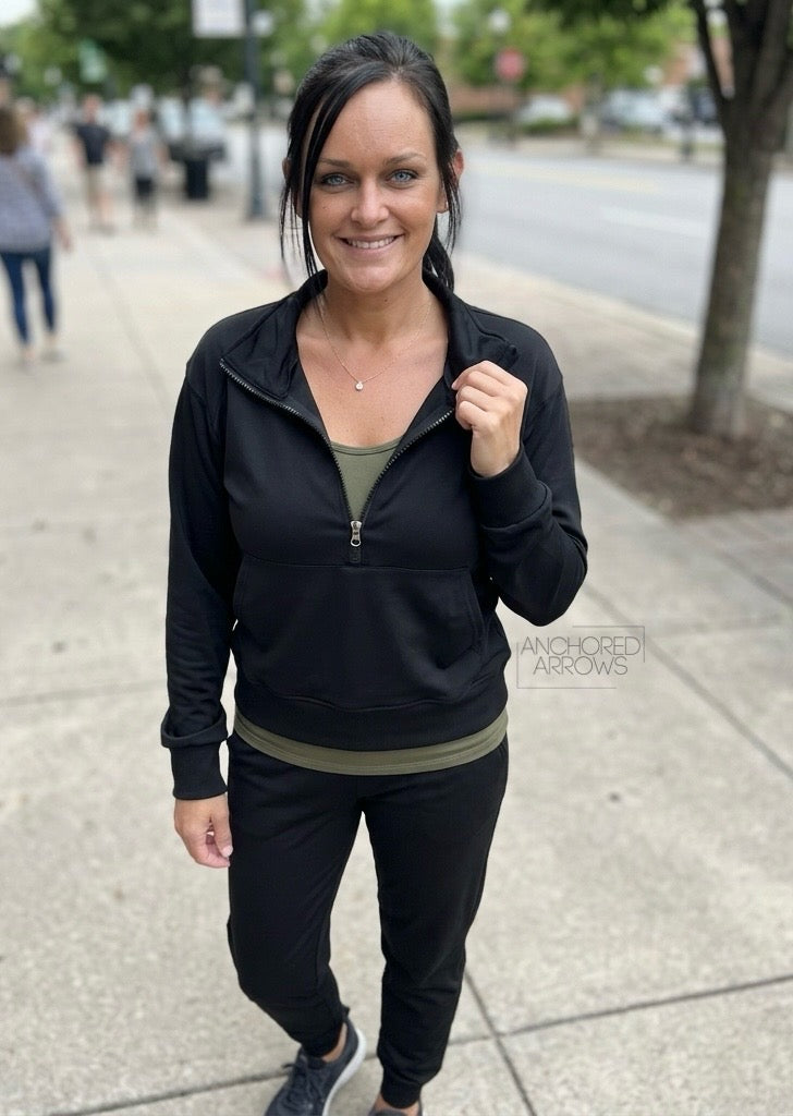 Everyday Ease black joggers and quarter zip jacket