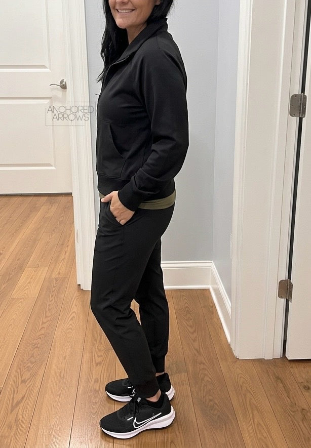 Everyday Ease black joggers and quarter zip jacket