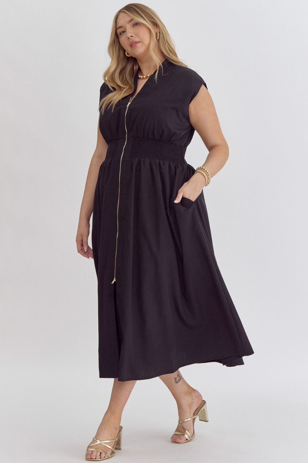 Solid V-Neck Sleeveless Dual Zipper Midi Dress in Black