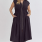 Solid V-Neck Sleeveless Dual Zipper Midi Dress in Black