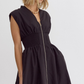 Solid V-Neck Sleeveless Dual Zipper Midi Dress in Black