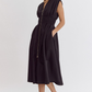 Solid V-Neck Sleeveless Dual Zipper Midi Dress in Black